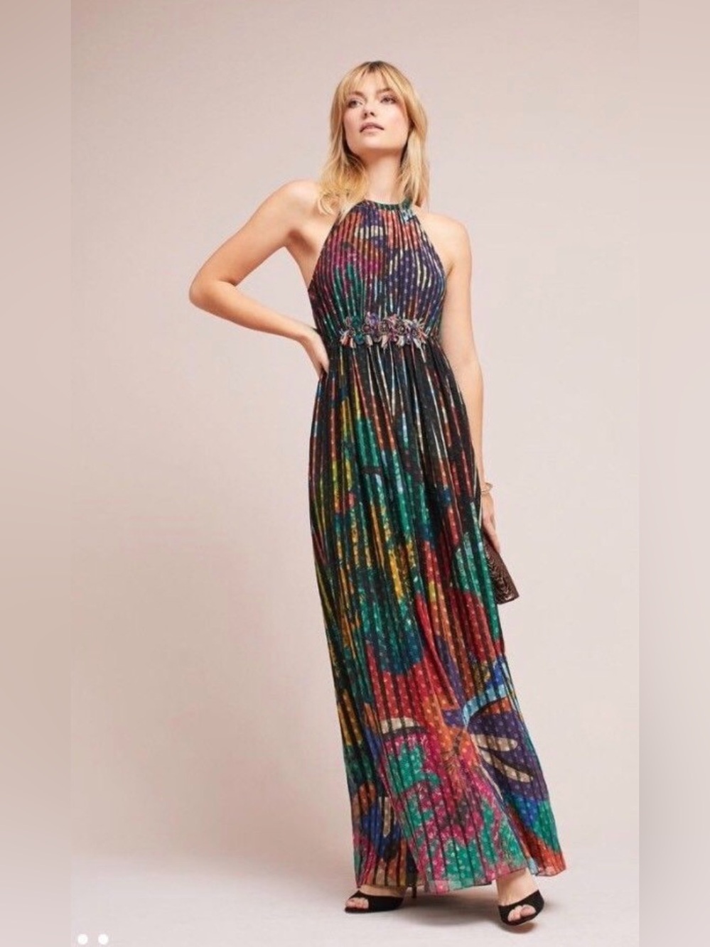 NWT Anthropologie Geisha Designs Pleated Floral Halter Maxi Dress Size 8